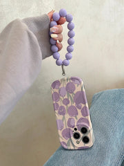 Purple Floral Tulip Glossy Soft Silicone Case With Round Charm Lanyard Bracelet