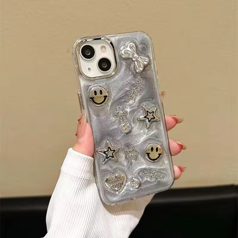 Protective Apple iPhone Back Cover - 3D Gray Smile Star Bow Studded Bumper Border iPhone Soft Case