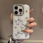 Protective Apple iPhone Back Cover - 3D White Silver Bow Silver Diamond Studded Bumper Border iPhone Soft Case