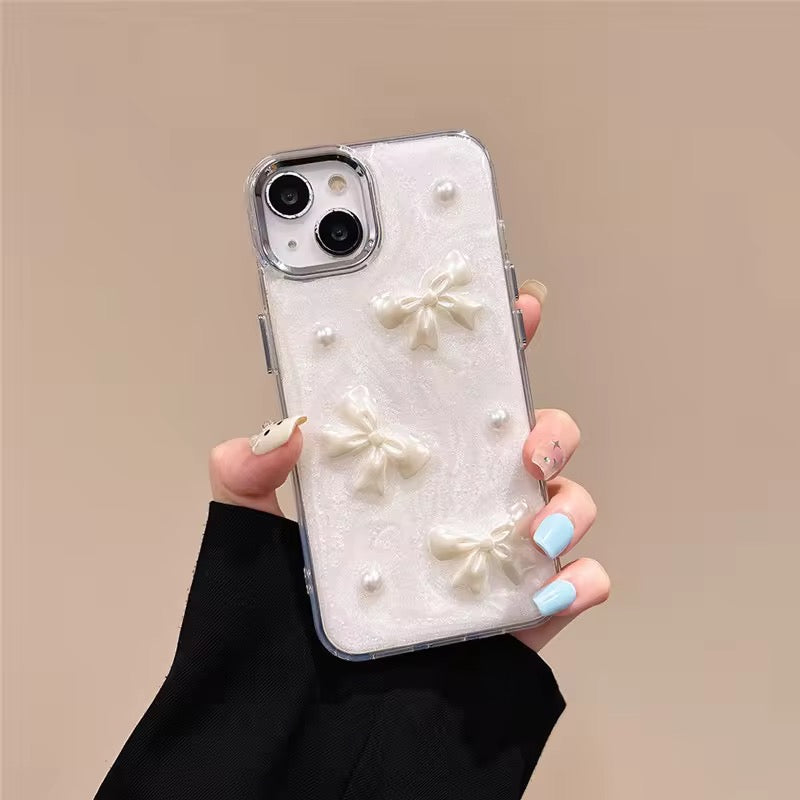 Protective Apple iPhone Back Cover - 3D White Bow Circle Diamond Studded Bumper Border iPhone Soft Case
