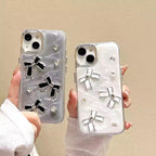 Protective Apple iPhone Back Cover - 3D White Silver Bow Silver Diamond Studded Bumper Border iPhone Soft Case - Style 2