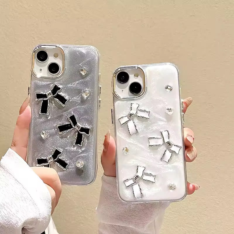 Protective Apple iPhone Back Cover - 3D White Silver Bow Silver Diamond Studded Bumper Border iPhone Soft Case - Style 2