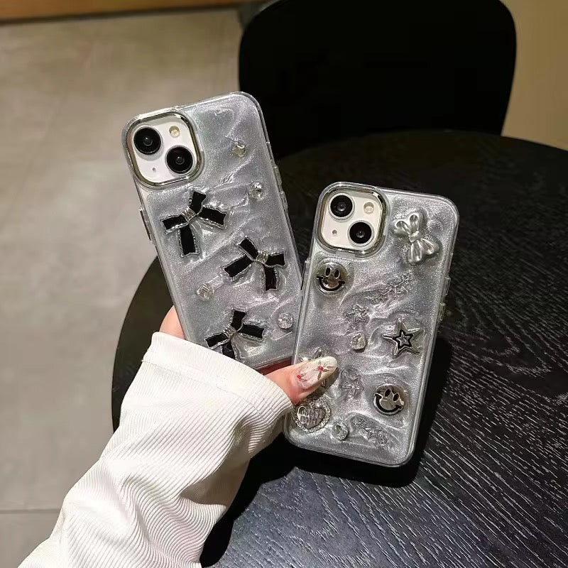 Protective Apple iPhone Back Cover - 3D Gray Smile Star Bow Studded Bumper Border iPhone Soft Case - Style 2
