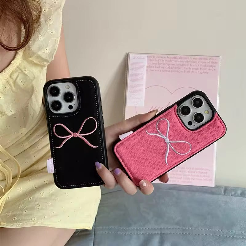 Cute Black Pink Bow Fabric iPhone Silicone Bumper Case