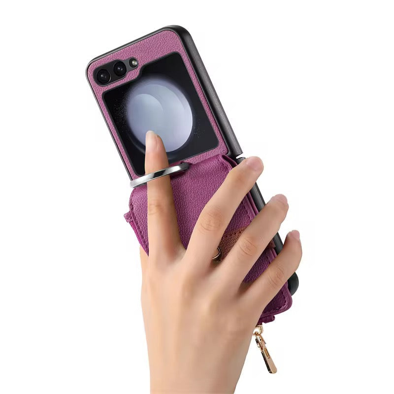 Premium Leather Wallet Pre-Order Samsung Z Flip Case With Ring Holder Mobile Case by CoverMeUp - Style 2