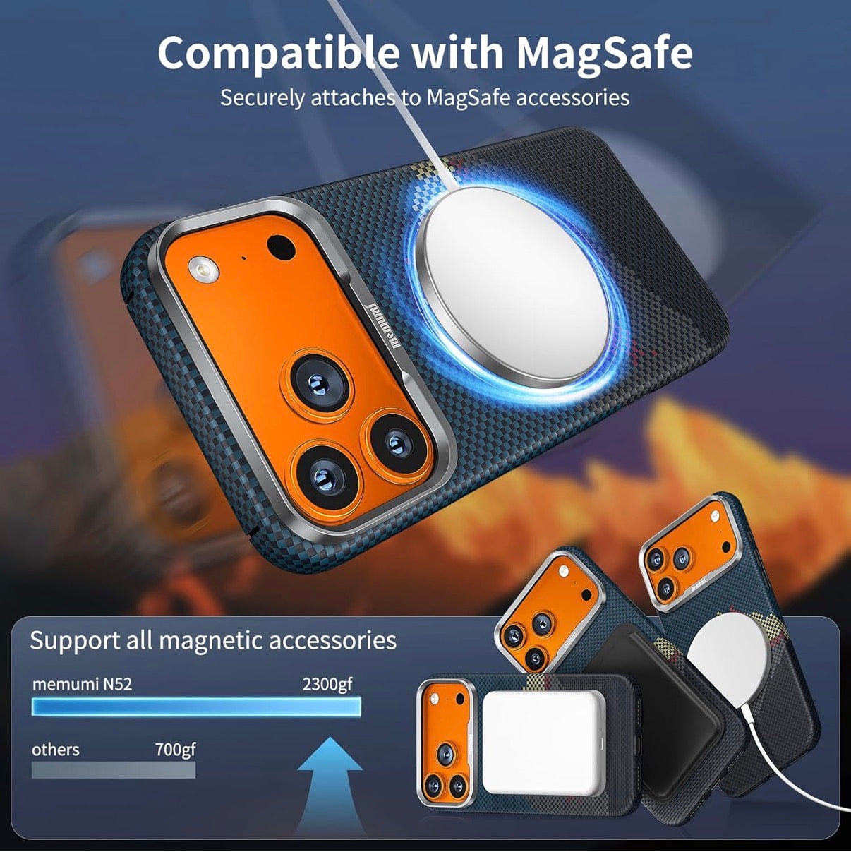 Memumi Ultra-Thin Aramid Fibre Magnetic Case Compatible with Mag-Safe, Military-Grade Drop Protection, Slim & Durable Protective Cover for iPhone 17 Pro Max (Mountain)