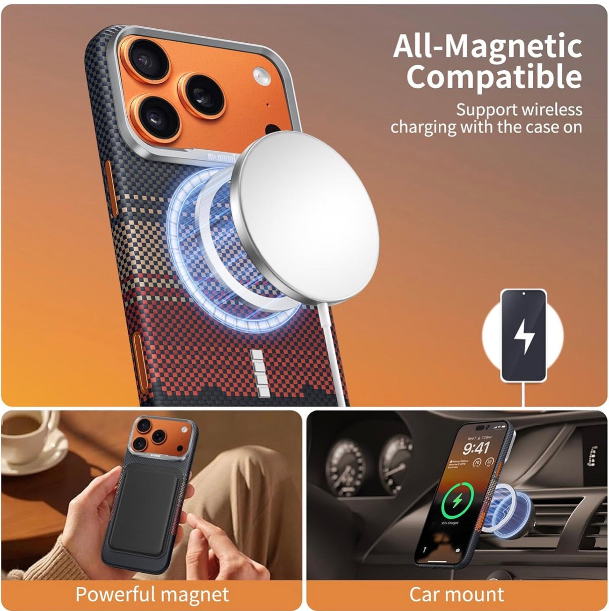 Memumi Ultra-Thin Aramid Fibre Magnetic Case Compatible with Mag-Safe, Military-Grade Drop Protection, Slim & Durable Protective Cover for iPhone 17 Pro Max (Sunset)