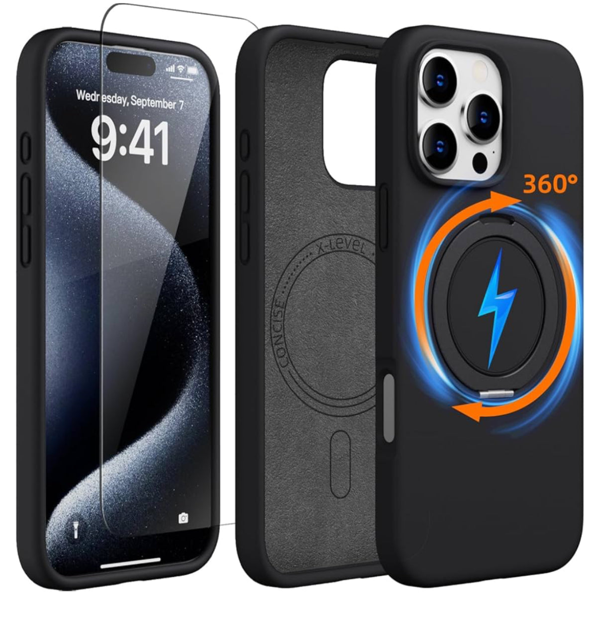 Protective Apple iPhone Back Cover - X Level 360 Rotatable Magsafe Kickstand Fluid Silicon Case for iPhone 16 Pro Max (Black)
