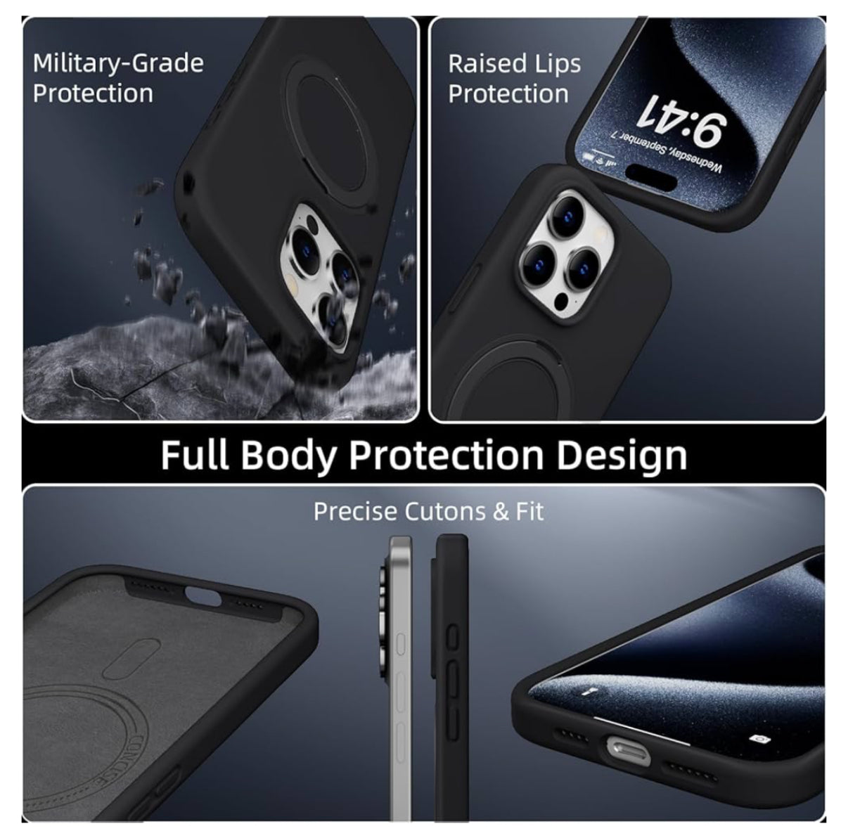 Protective Apple iPhone Back Cover - X Level 360 Rotatable Magsafe Kickstand Fluid Silicon Case for iPhone 16 Pro (Black) - Style 3