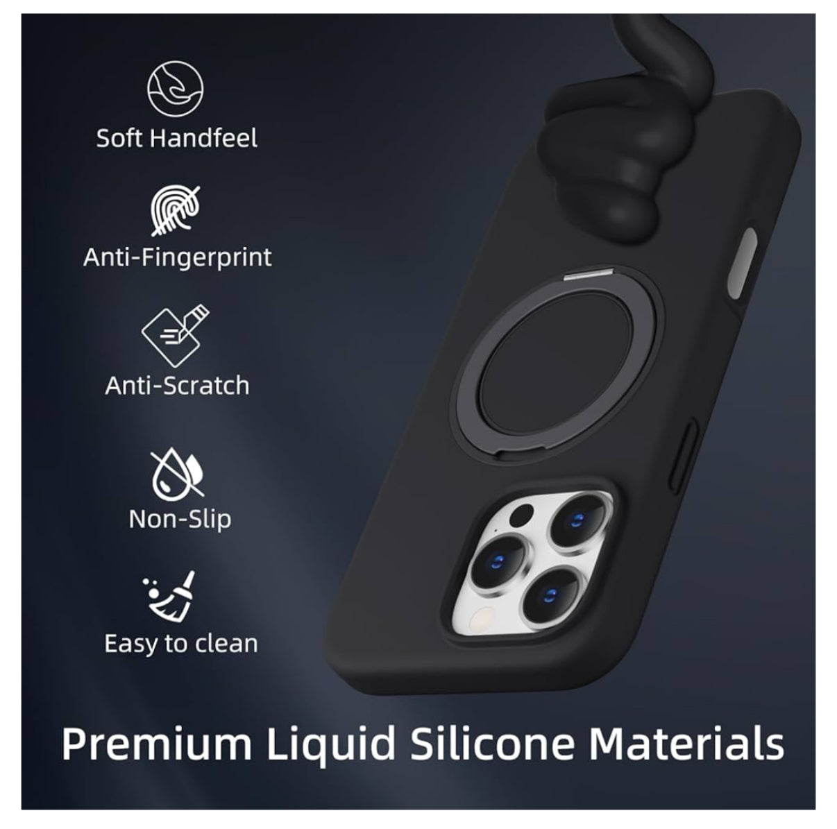 Protective Apple iPhone Back Cover - X Level 360 Rotatable Magsafe Kickstand Fluid Silicon Case for iPhone 16 Pro (Black) - Style 5