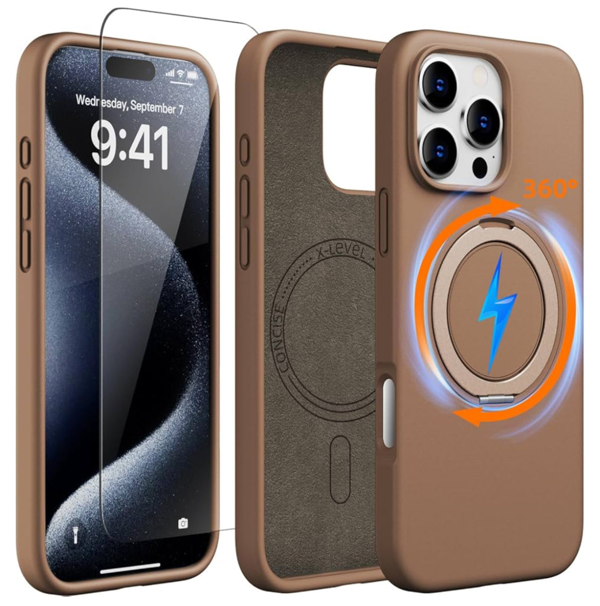 Protective Apple iPhone Back Cover - X Level 360 Rotatable Magsafe Kickstand Fluid Silicon Case for iPhone 16 Pro Max (Desert Titanium)