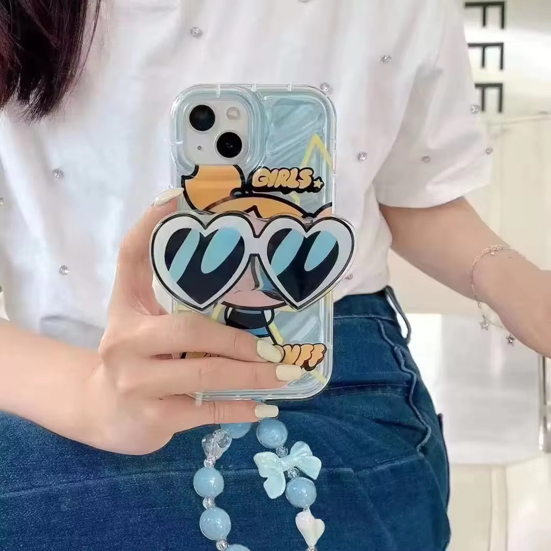Protective Apple iPhone Back Cover - Powerpuff Girls With Sunglasses Bracket Phone Holders iPhone Soft Case - Style 2