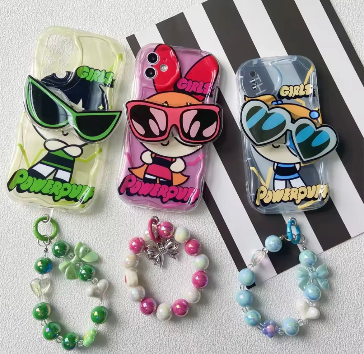 Protective Apple iPhone Back Cover - Powerpuff Girls With Sunglasses Bracket Phone Holders iPhone Soft Case - Style 4