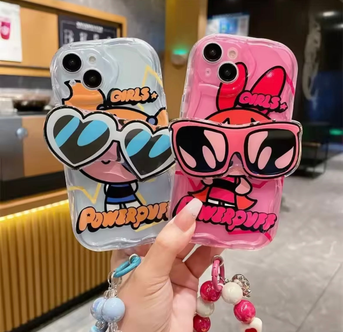 Protective Apple iPhone Back Cover - Powerpuff Girls With Sunglasses Bracket & Lanyard Phone Holders iPhone Soft Case - Style 9