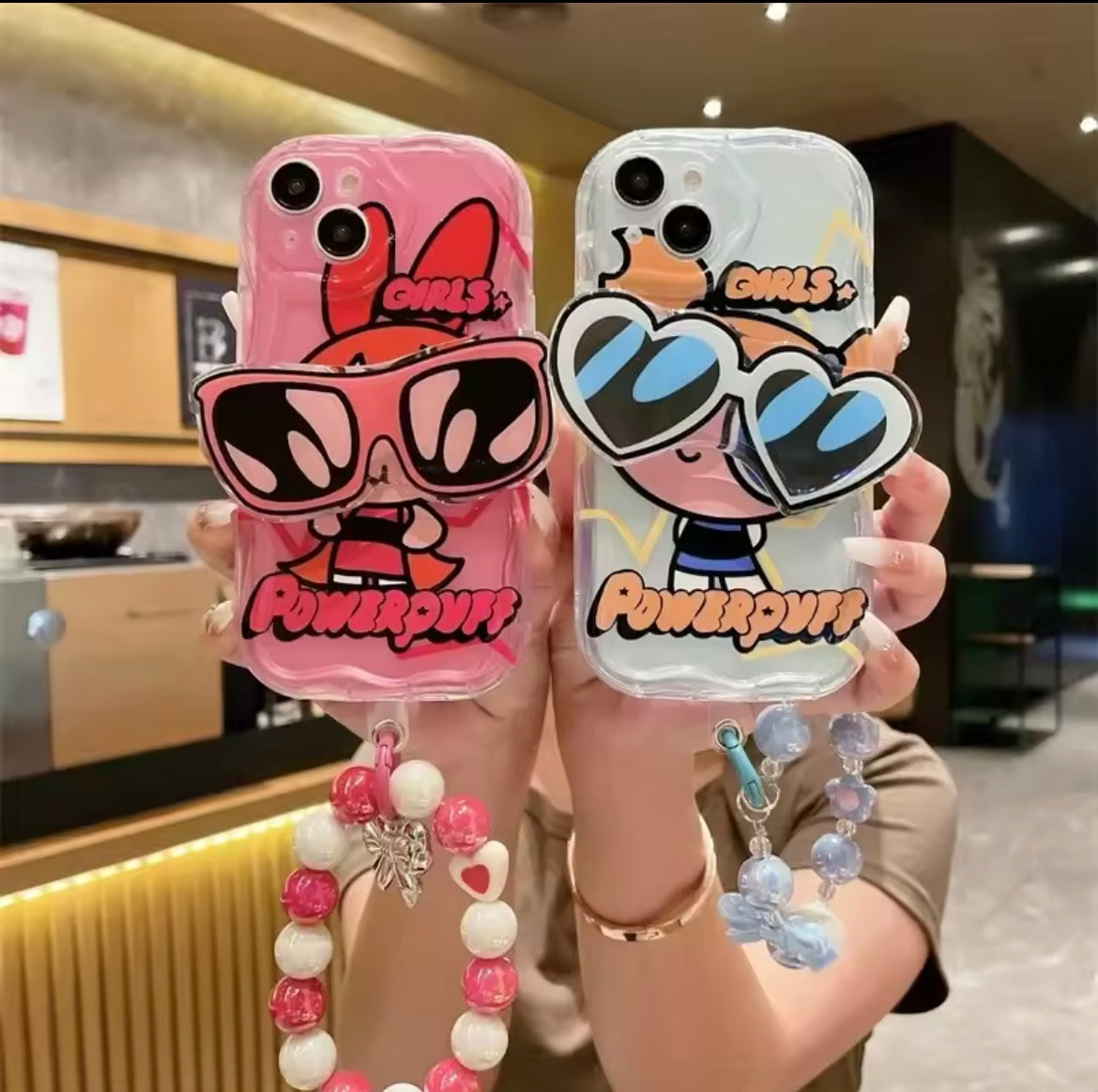 Protective Apple iPhone Back Cover - Powerpuff Girls With Sunglasses Bracket & Lanyard Phone Holders iPhone Soft Case
