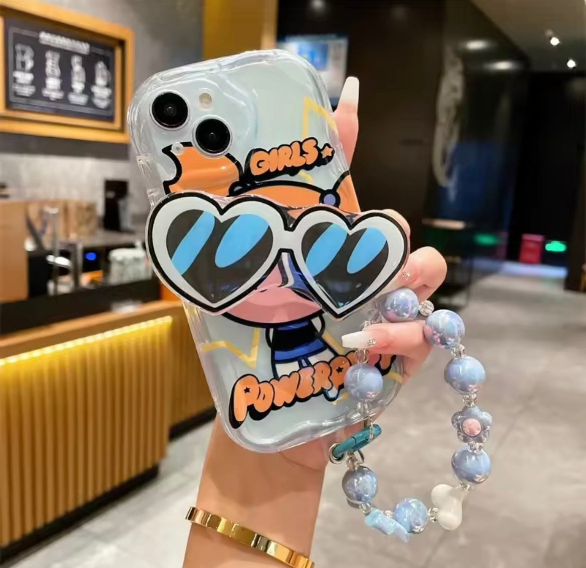 Protective Apple iPhone Back Cover - Powerpuff Girls With Sunglasses Bracket & Lanyard Phone Holders iPhone Soft Case - Style 8