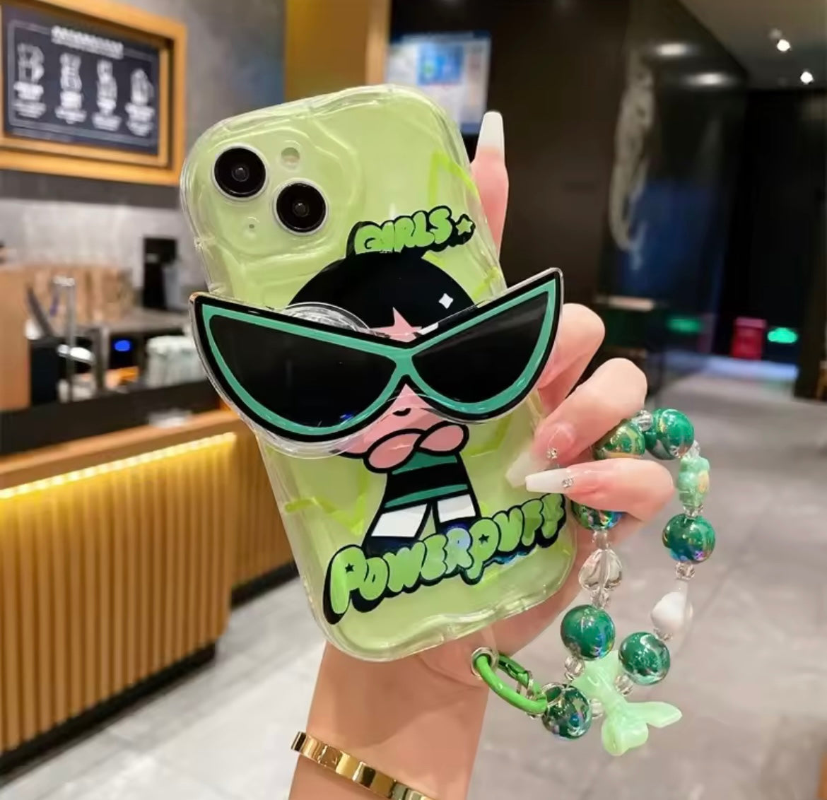 Protective Apple iPhone Back Cover - Powerpuff Girls With Sunglasses Bracket & Lanyard Phone Holders iPhone Soft Case - Style 7