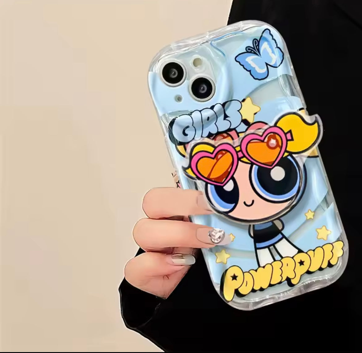 Protective Apple iPhone Back Cover - Powerpuff Girls With Sunglasses Bracket & Lanyard Phone Holders iPhone Soft Case - Style 4