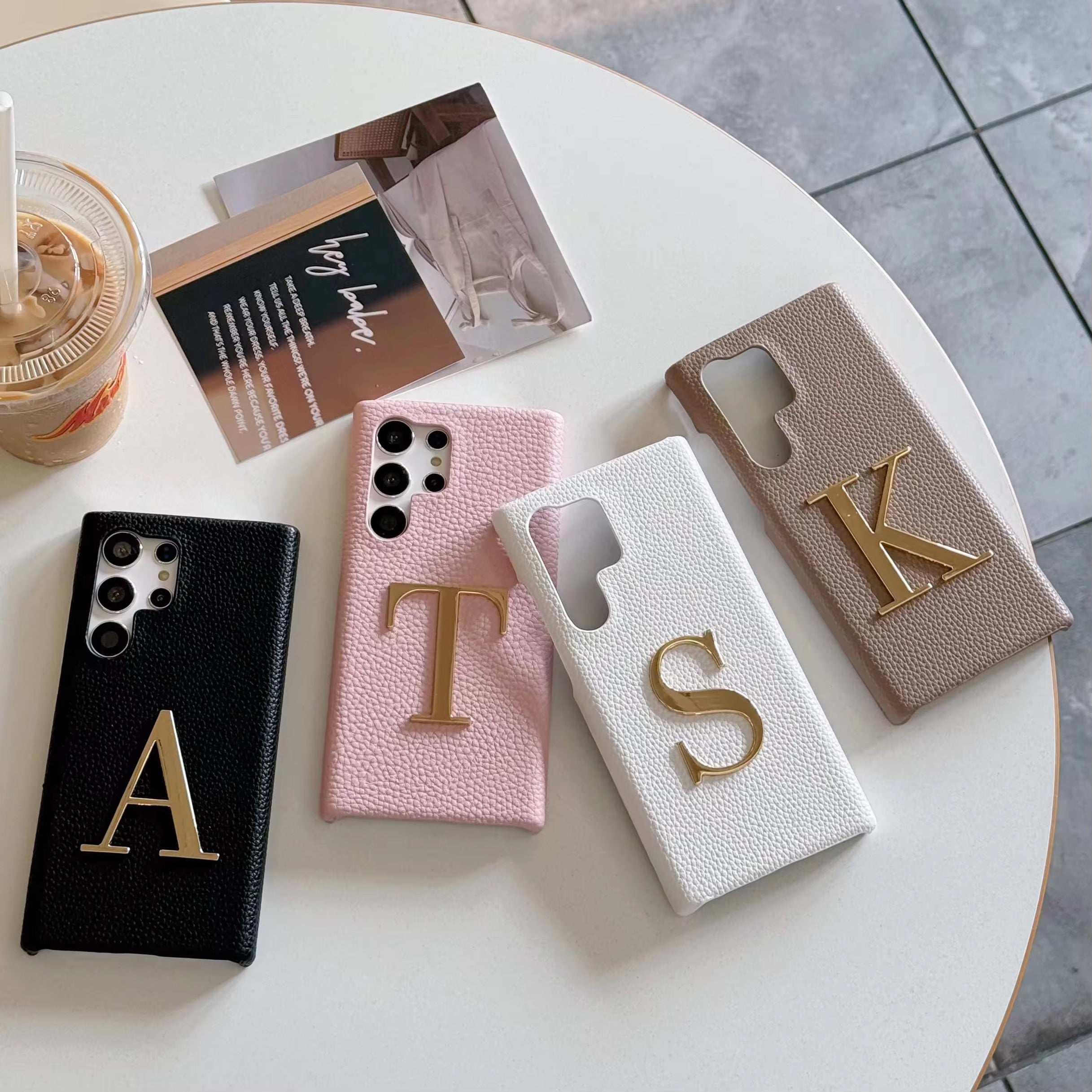 Samsung Premium Leather Textured Custom Initial Golden Metal Letter Case