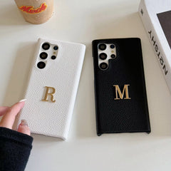 Samsung Premium Leather Textured Custom Initial Golden Metal Letter Case