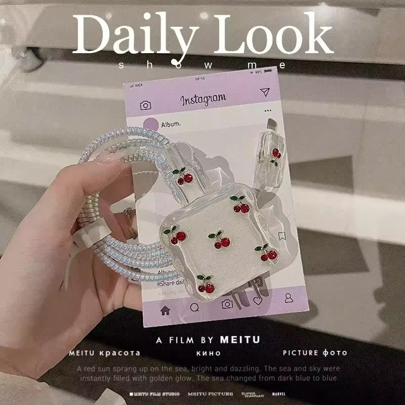 Protective Apple iPhone Back Cover - 3D Cherry Silver Bow Silver iPhone Adapter Charger Cable Wire Protector Set