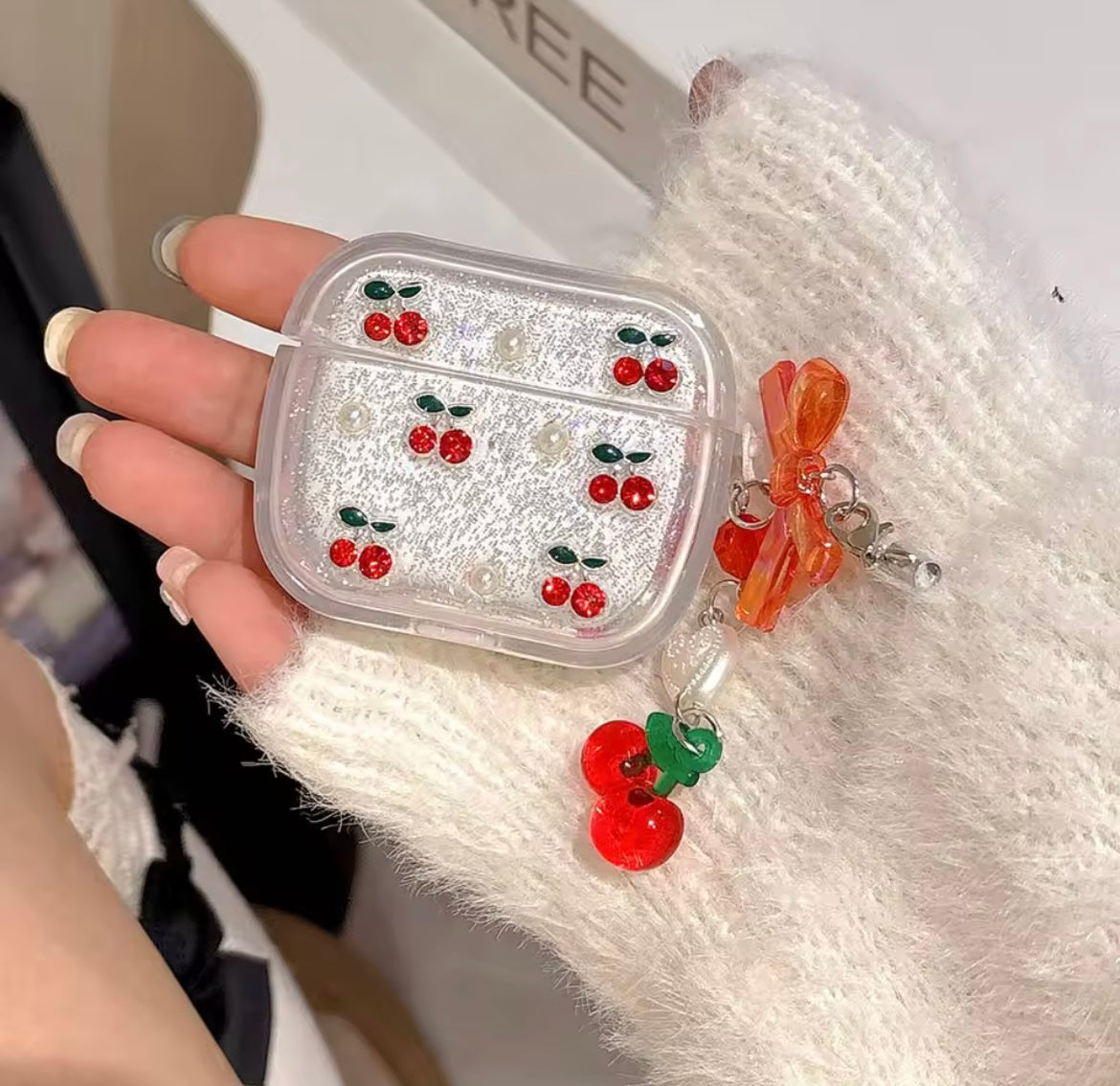 Red Cherry Silver Glitter Airpod Pre-Order Case With Cute Red Bow Hanging Mobile Case by CoverMeUp - Style 5