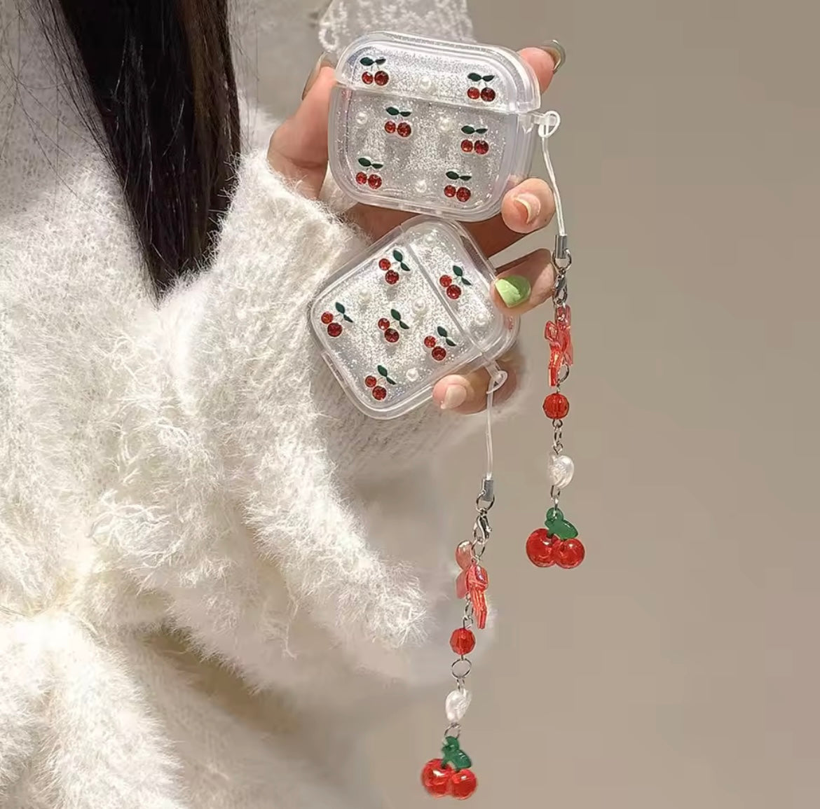Red Cherry Silver Glitter Airpod Pre-Order Case With Cute Red Bow Hanging Mobile Case by CoverMeUp - Style 4