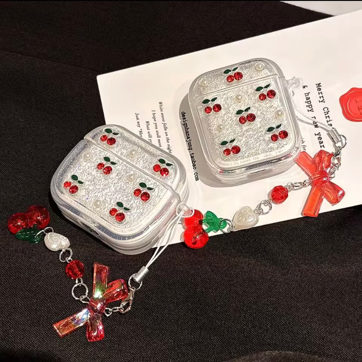 Red Cherry Silver Glitter Airpod Pre-Order Case With Cute Red Bow Hanging Mobile Case by CoverMeUp - Style 3