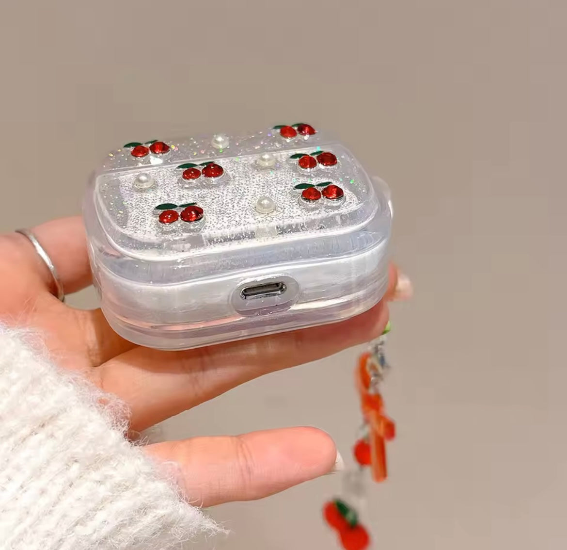 Red Cherry Silver Glitter Airpod Pre-Order Case With Cute Red Bow Hanging Mobile Case by CoverMeUp - Style 7