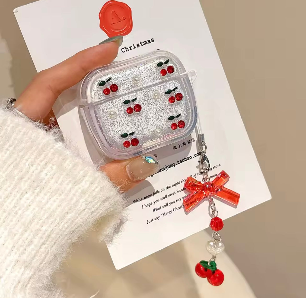 Red Cherry Silver Glitter Airpod Pre-Order Case With Cute Red Bow Hanging Mobile Case by CoverMeUp