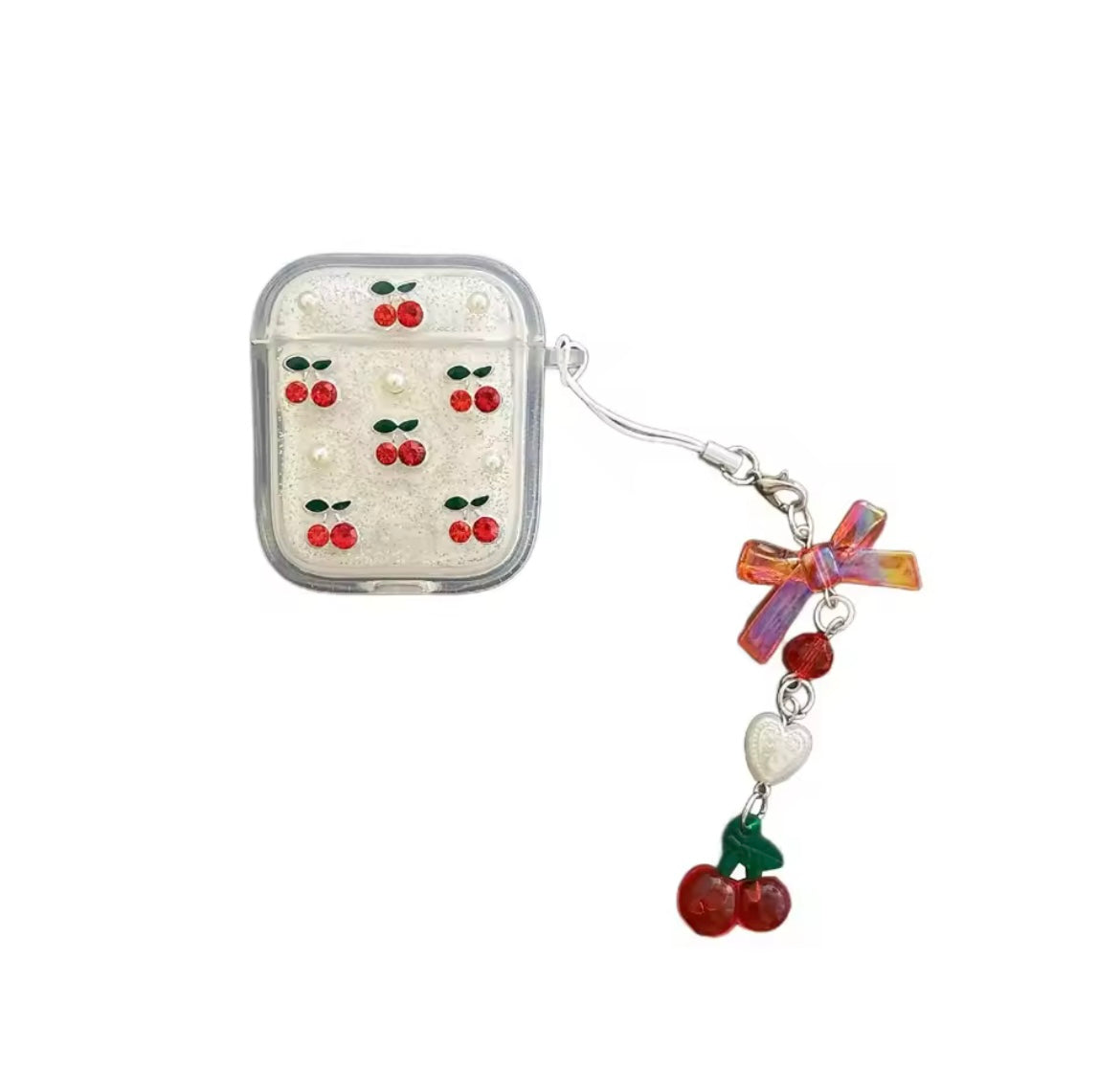 Red Cherry Silver Glitter Airpod Pre-Order Case With Cute Red Bow Hanging Mobile Case by CoverMeUp - Style 9