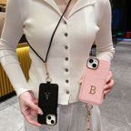 Protective Apple iPhone Back Cover - Luxury Card Holder Leather iPhone Strap Case With Custom Initial Name Single Plain Golden Letter - Style 6