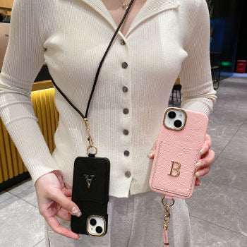 Protective Apple iPhone Back Cover - Luxury Card Holder Leather iPhone Strap Case With Custom Initial Name Single Plain Golden Letter - Style 6