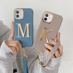 Protective Apple iPhone Back Cover - Luxury Leather iPhone Strap Case With Custom Name Initial Single Plain Golden Letter - Style 2