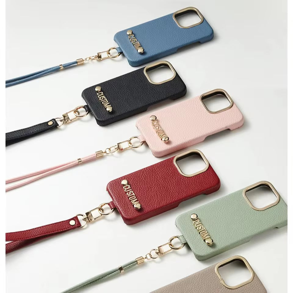 Protective Apple iPhone Back Cover - Luxury Leather iPhone Strap Case With Custom Name Initial Single Plain Golden Letter