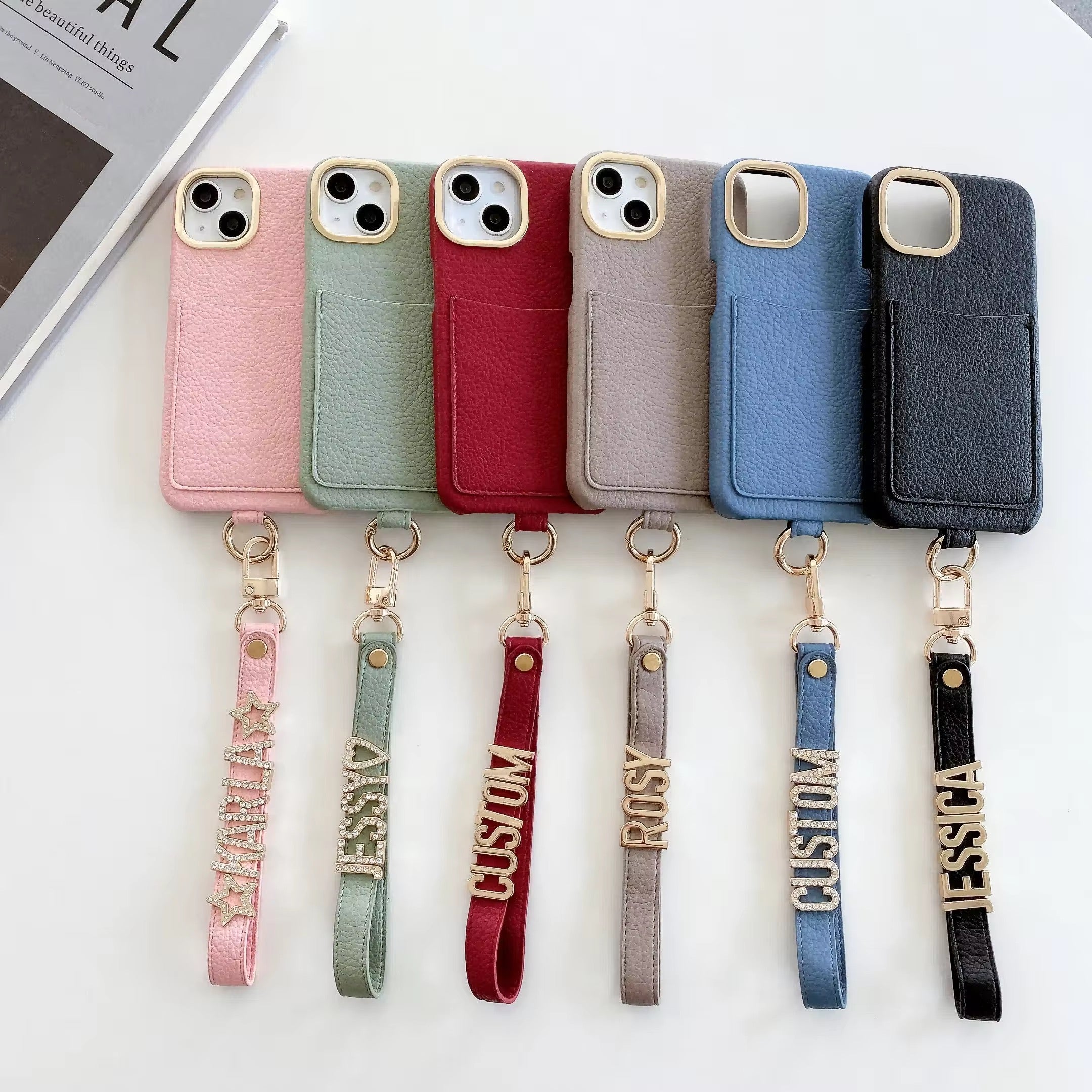 Protective Apple iPhone Back Cover - Luxury Card Holder Leather iPhone Strap Case With Custom Initial Name Single Plain Golden Letter - Style 3