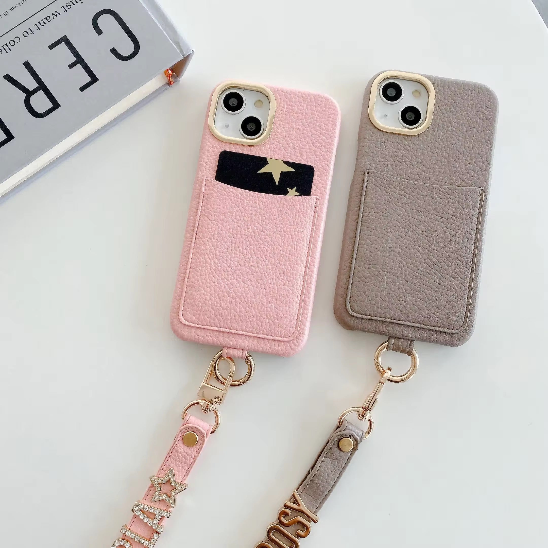 Protective Apple iPhone Back Cover - Luxury Leather iPhone Strap Case With Custom Name Initial Single Plain Golden Letter - Style 15
