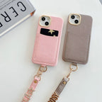 Protective Apple iPhone Back Cover - Luxury Card Holder Leather iPhone Strap Case With Custom Initial Name Single Plain Golden Letter - Style 10