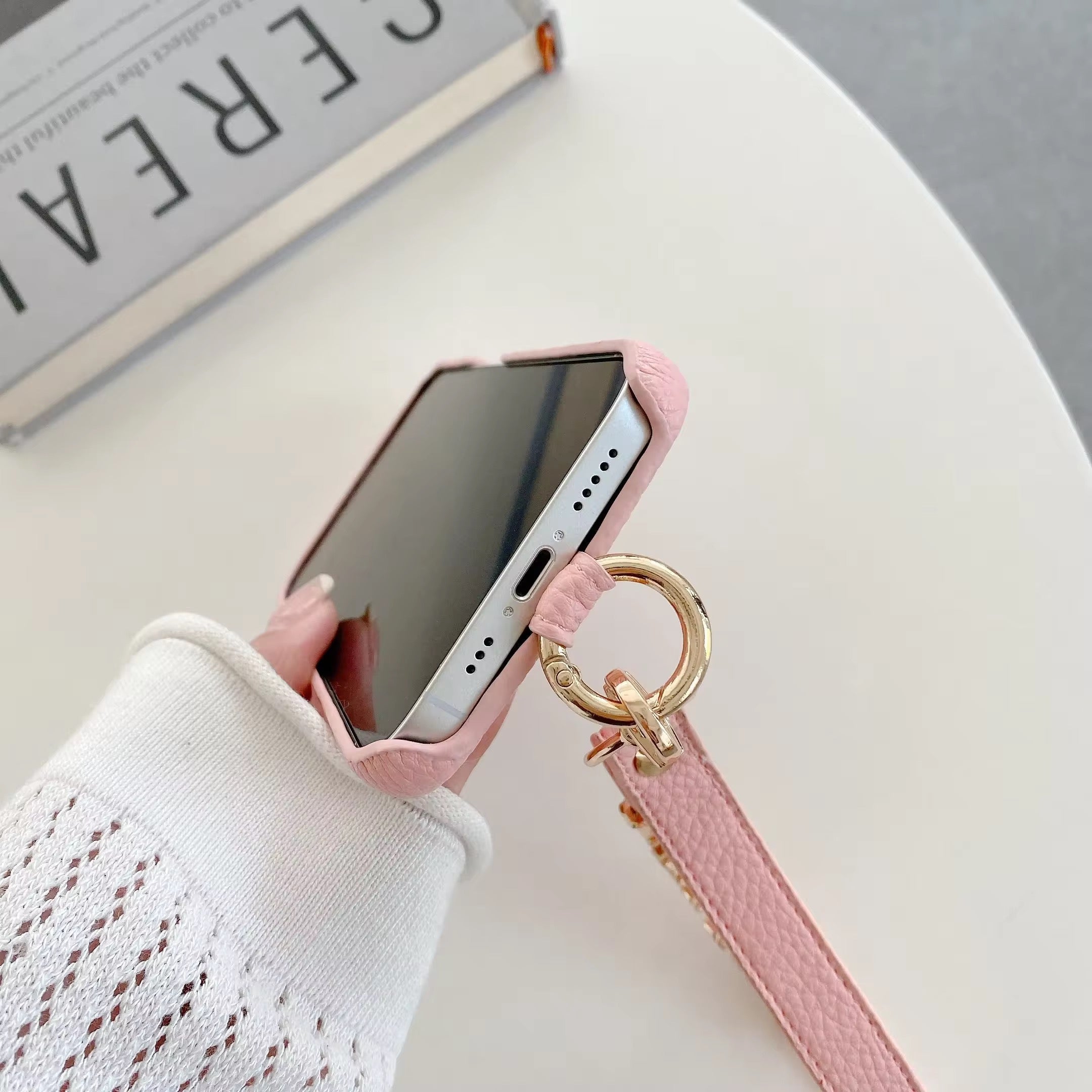 Protective Apple iPhone Back Cover - Luxury Leather iPhone Strap Case With Custom Name Initial Single Plain Golden Letter - Style 17
