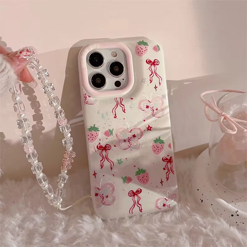 Pink Butterfly Strawberry Chain Bracelet Lanyard iPhone Case