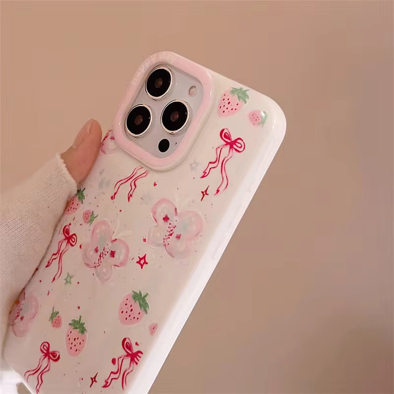 Protective Apple iPhone Back Cover - Pink Butterfly Strawberry Chain Bracelet Lanyard iPhone Case - Style 3
