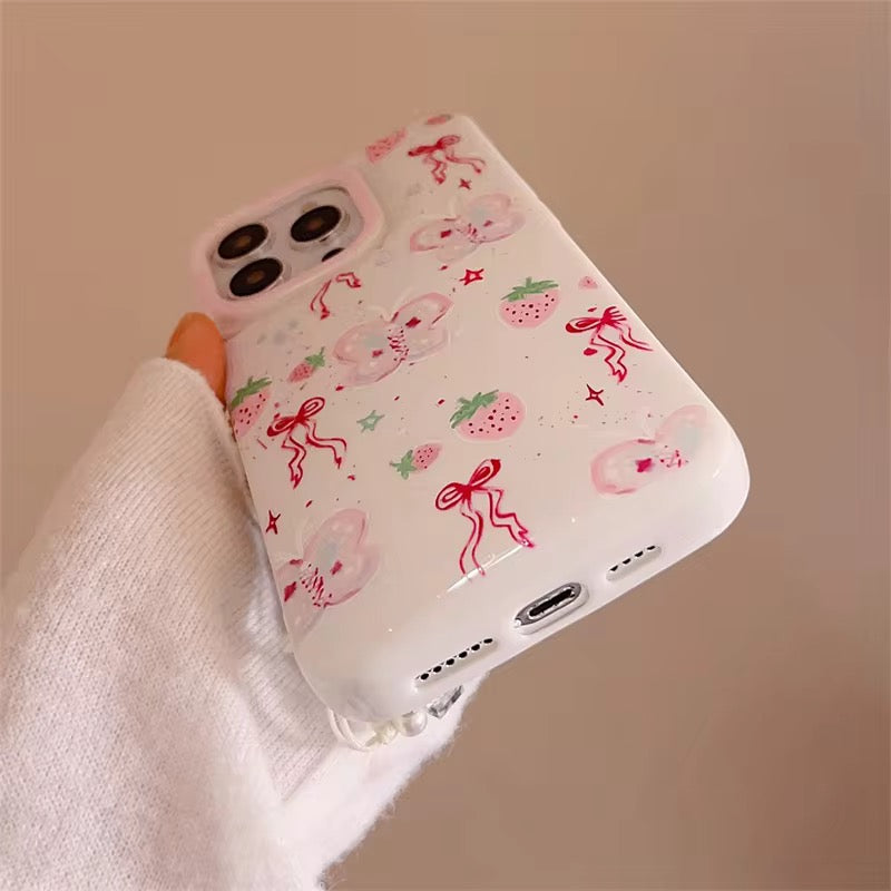 Pink Butterfly Strawberry Chain Bracelet Lanyard iPhone Case