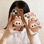 Protective Apple iPhone Back Cover - 3D LabubuPhone Holder Brown Beige Trending Shockproof Rubber Silicone iPhone Case