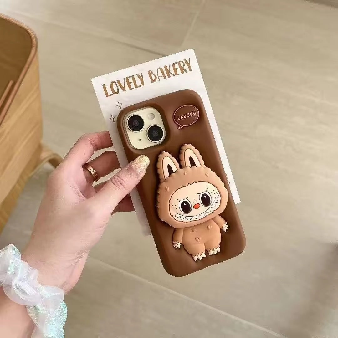 Protective Apple iPhone Back Cover - 3D LabubuPhone Holder Brown Beige Trending Shockproof Rubber Silicone iPhone Case - Style 5