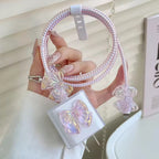 Protective Apple iPhone Back Cover - Cute Pink Bow Transparent iPhone Adapter Charger Cable Wire Protector Set