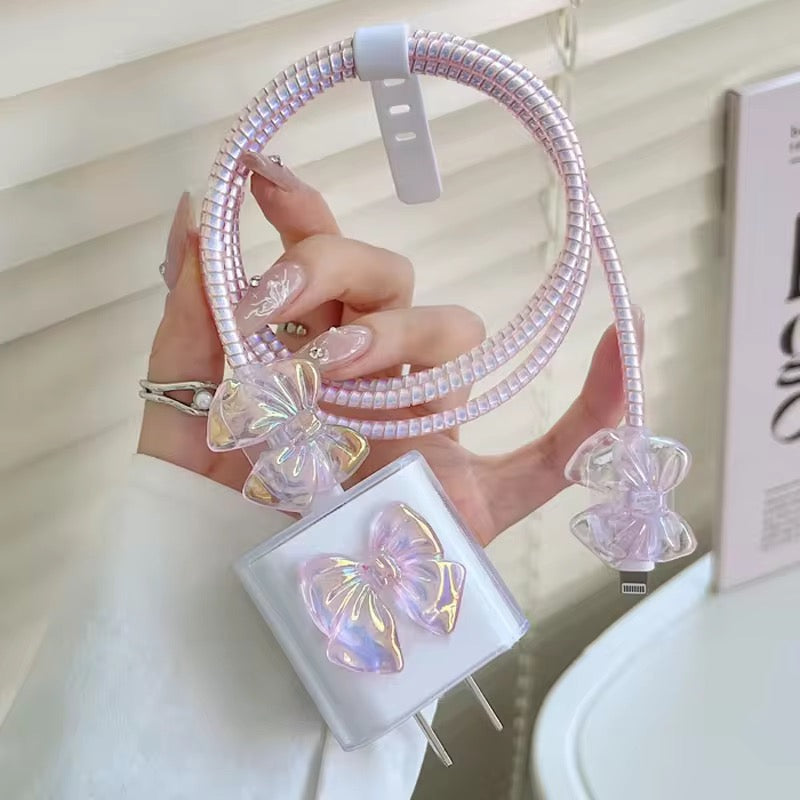 Protective Apple iPhone Back Cover - Cute Pink Bow Transparent iPhone Adapter Charger Cable Wire Protector Set
