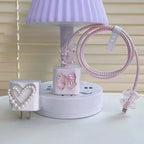 Protective Apple iPhone Back Cover - Cute Pink Bow Transparent iPhone Adapter Charger Cable Wire Protector Set - Style 2