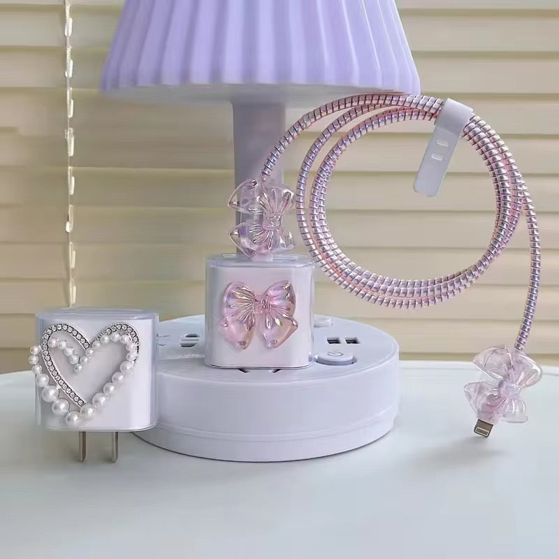 Protective Apple iPhone Back Cover - Cute Pink Bow Transparent iPhone Adapter Charger Cable Wire Protector Set - Style 2