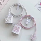 Protective Apple iPhone Back Cover - Cute Pink Bow Transparent iPhone Adapter Charger Cable Wire Protector Set - Style 3