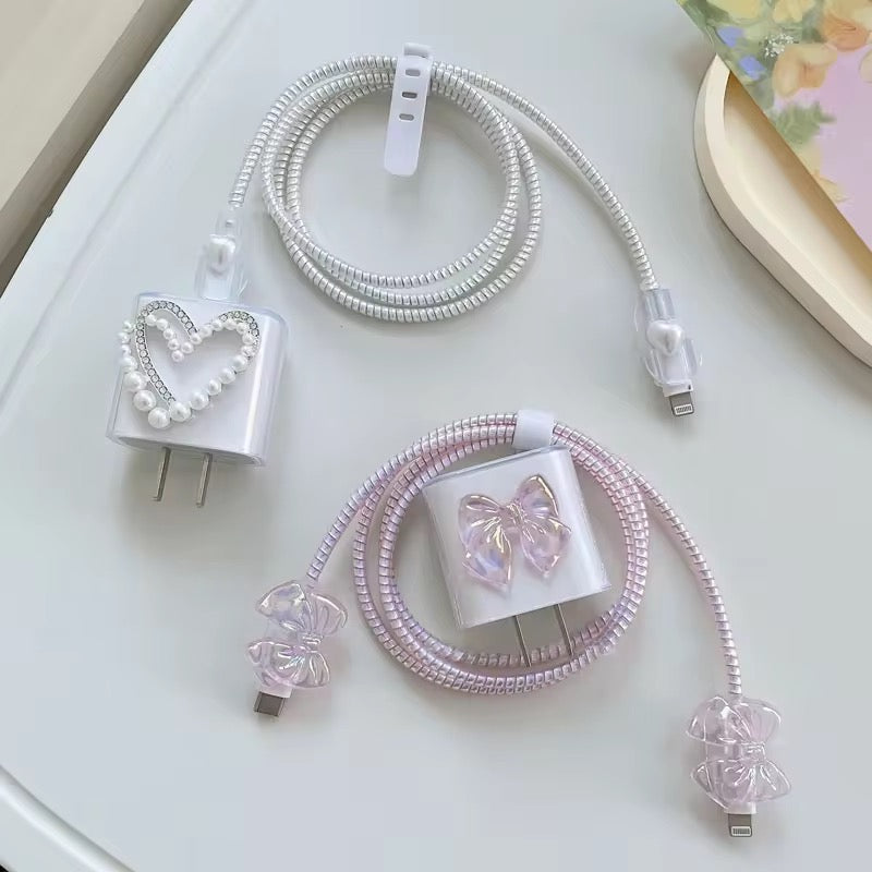Protective Apple iPhone Back Cover - Cute Pink Bow Transparent iPhone Adapter Charger Cable Wire Protector Set - Style 4